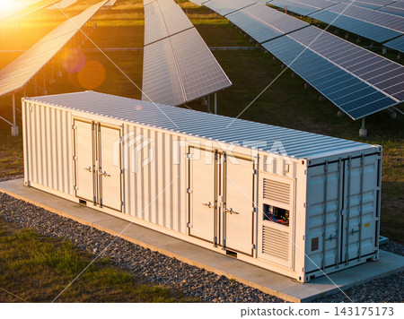 Industrial battery energy storage system container at a solar farm during a golden hour sunset Industrial battery energy storage system container at a solar farm during a golden hour sunset 143175173