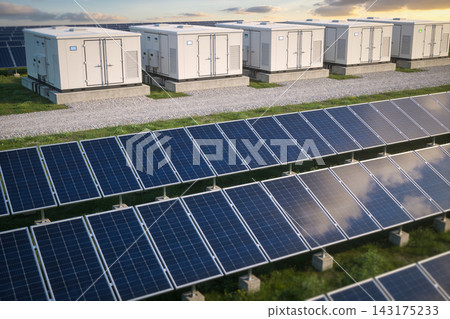 Modern solar power plant with battery energy storage systems at sunset in a rural landscape Modern solar power plant with battery energy storage systems at sunset in a rural landscape 143175233