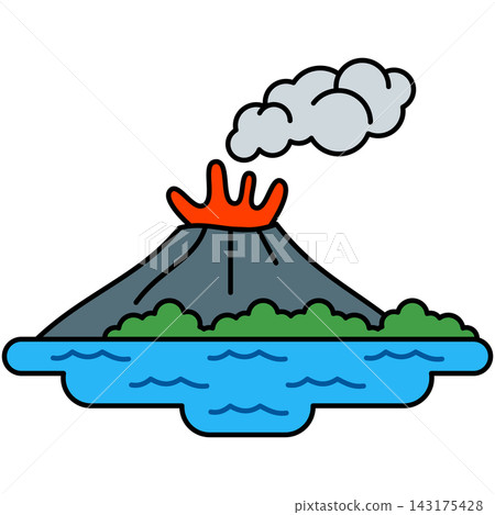 Flat style icon illustration of volcanic island mountain erupting hot lava into ocean sea isolated on transparent background. Graphic design element clip art for island geology assets. Flat style icon illustration of volcanic island mountain erupting hot lava into ocean sea isolated on transparent background. Graphic design element clip art for island geology assets. 143175428