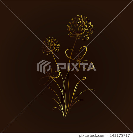 A golden clover flower drawn with a single line on a dark background. Hand-drawn. Not AI. Vector illustration. A golden clover flower drawn with a single line on a dark background. Hand-drawn. Not AI. Vector illustration. 143175717