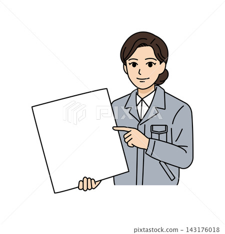 插圖中,一位身穿灰色工作服的女主管正在指著展板和文件進行解釋和提出建議。 插圖中,一位身穿灰色工作服的女主管正在指著展板和文件進行解釋和提出建議。 143176018