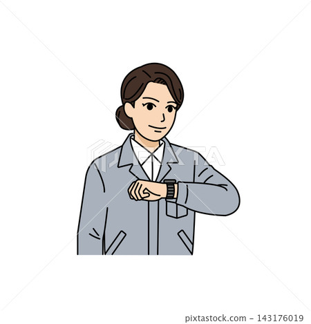 插圖描繪了一位身穿灰色工作服的女老闆正在查看手錶以確認時間並注意自己的日程安排。 插圖描繪了一位身穿灰色工作服的女老闆正在查看手錶以確認時間並注意自己的日程安排。 143176019