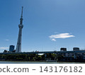 The Tokyo Skytree soaring against the blue sky, and the urban landscape of the Sumida River. 143176182