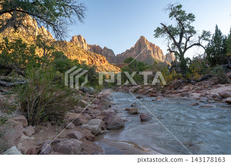 A beautiful view of the Virgin river and red rocks down in the Zion valley. 143178163