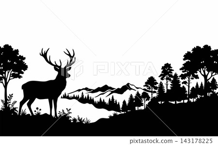 Deer Silhouette in Forest Mountain Landscape Vector Illustration Deer Silhouette in Forest Mountain Landscape Vector Illustration 143178225