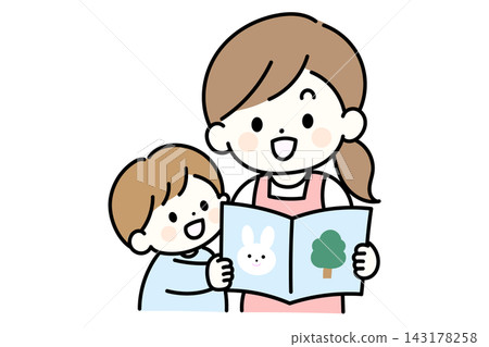 A nursery school teacher and children reading a picture book together with smiles on their faces. A nursery school teacher and children reading a picture book together with smiles on their faces. 143178258
