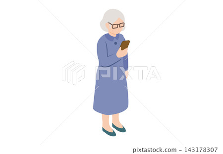 Isometric illustration of a senior woman looking at a smartphone; person, elderly woman, senior, grandmother, glasses Isometric illustration of a senior woman looking at a smartphone; person, elderly woman, senior, grandmother, glasses 143178307