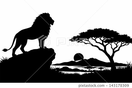 Majestic Lion Silhouette on a Rock in the African Savanna Majestic Lion Silhouette on a Rock in the African Savanna 143178309