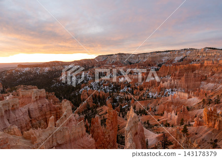Stunning sunrise views of red rocks and hoodoos at Bryce Canyon National Park. Stunning sunrise views of red rocks and hoodoos at Bryce Canyon National Park. 143178379