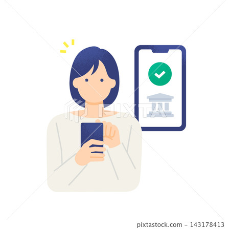 圖說：一位女士使用智慧型手機完成了銀行帳戶的開戶流程。 143178413