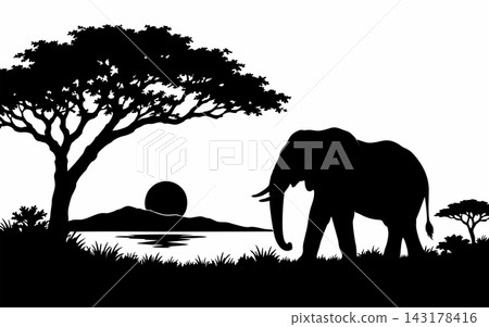 African Elephant Silhouette at Sunset Vector Illustration African Elephant Silhouette at Sunset Vector Illustration 143178416