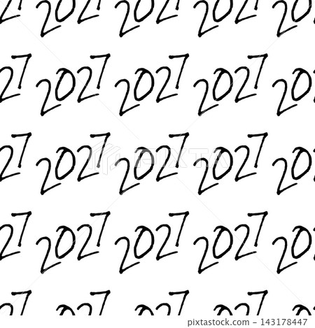 Seamless pattern of black hand drawn 2027 numbers in loose handwritten rows over a white background. Vector illustration for New Year wrapping paper, gift bags, stationery, cloth and festive backdrops 143178447