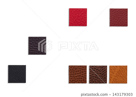 A collection of various leather swatches arranged on a white background A collection of various leather swatches arranged on a white background 143179303