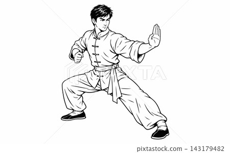 Vector Line Art Illustration of a Kung Fu Martial Artist in a Fighting Stance Vector Line Art Illustration of a Kung Fu Martial Artist in a Fighting Stance 143179482