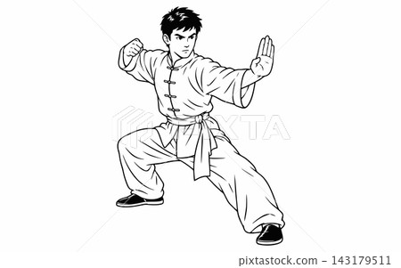 Kung Fu Fighter Defensive Stance Line Art Vector Illustration Kung Fu Fighter Defensive Stance Line Art Vector Illustration 143179511