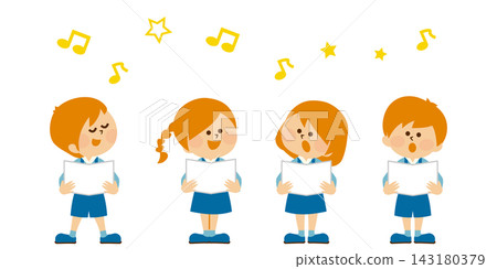 Children singing with smiles on their faces, holding sheet music at a music concert - Cute illustration material Children singing with smiles on their faces, holding sheet music at a music concert - Cute illustration material 143180379