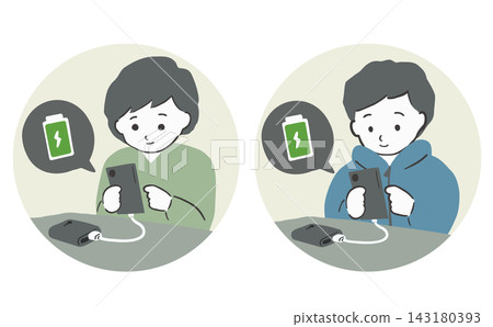 圖中描繪了一男一女正在用行動電源為智慧型手機充電。 圖中描繪了一男一女正在用行動電源為智慧型手機充電。 143180393