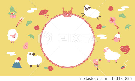New Year's banner background with sheep and New Year's motifs (yellow) New Year's banner background with sheep and New Year's motifs (yellow) 143181836
