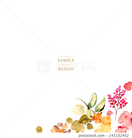 Watercolor Autumn-Colored Plants and Flowers Frame Set | Natural Botanical Background & Card Templates 143182402