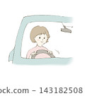 An illustration of a woman driving a car with a smile. 143182508