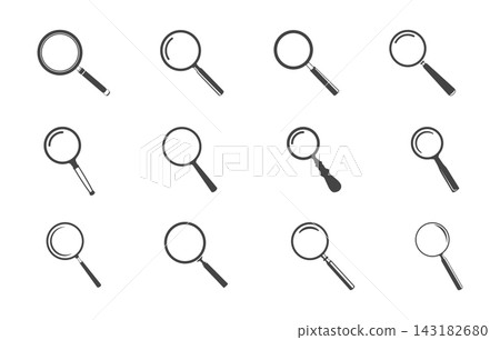 Set of black magnifying glass vector icons, Simple search symbol, isolated on a white background. 143182680