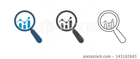 Magnifying glass icon with financial graph vector illustration set, Business analytics and market research symbols, performance tracking, dashboard reporting, insights, monitoring, and research. Magnifying glass icon with financial graph vector illustration set, Business analytics and market research symbols, performance tracking, dashboard reporting, insights, monitoring, and research. 143182683
