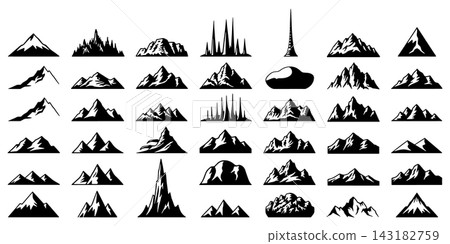Set of mountain range silhouettes and landscape icons vector illustration Set of mountain range silhouettes and landscape icons vector illustration 143182759