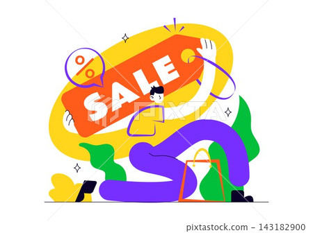 Discount Vector Illustration featuring Sale Promotion, Special Offers, Percentage Deals, Shopping Gifts and Megaphone in a Flat Cartoon Style Discount Vector Illustration featuring Sale Promotion, Special Offers, Percentage Deals, Shopping Gifts and Megaphone in a Flat Cartoon Style 143182900