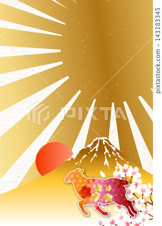 A Japanese-style design featuring a golden Mt. Fuji, the rising sun, and cherry blossoms. 143183345