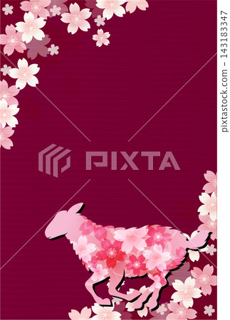 Animal silhouettes adorned with cherry blossoms against a deep crimson background. Animal silhouettes adorned with cherry blossoms against a deep crimson background. 143183347
