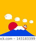 A golden background featuring the first sunrise of the year with Mount Fuji, a symbol of Japan and a World Heritage Site, along with a Daruma doll and a mother and baby sheep, the zodiac animal for 2027. 143183399