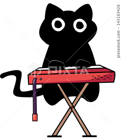 Cartoon Illustration of Black cat Creature Playing Keyboard 143183428