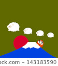 A dark green background featuring the first sunrise of the year with Mount Fuji, a symbol of Japan and a World Heritage Site, along with a Daruma doll and a mother and baby sheep, the zodiac animal for 2027. 143183590