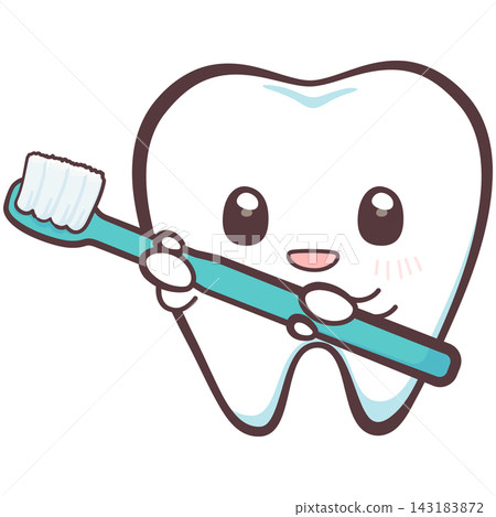 An illustration of a cute smiling tooth character holding a toothbrush with both hands. An illustration of a cute smiling tooth character holding a toothbrush with both hands. 143183872