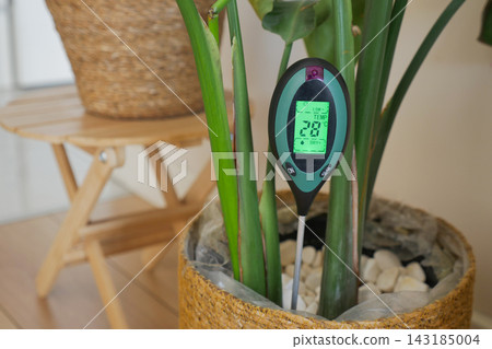 Digital soil moisture meter placed in a plant pot inside a room Digital soil moisture meter placed in a plant pot inside a room 143185004