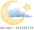 Watercolor illustration of a glowing yellow crescent moon, a golden star, and a soft blue fluffy cloud. 143185119