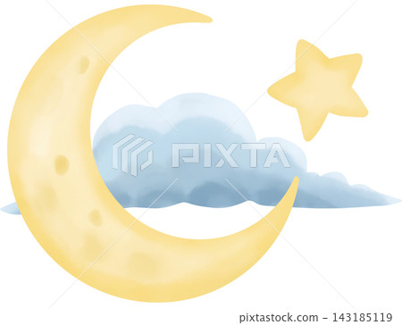 Watercolor illustration of a glowing yellow crescent moon, a golden star, and a soft blue fluffy cloud. Watercolor illustration of a glowing yellow crescent moon, a golden star, and a soft blue fluffy cloud. 143185119