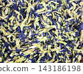 Full frame close-up captures rich texture and vibrant colors of dried blue and green butterfly pea flowers, perfect for backgrounds. 143186198
