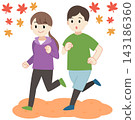 An illustration of a young man and woman running in the fall. 143186360