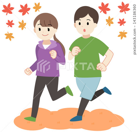 An illustration of a young man and woman running in the fall. An illustration of a young man and woman running in the fall. 143186360