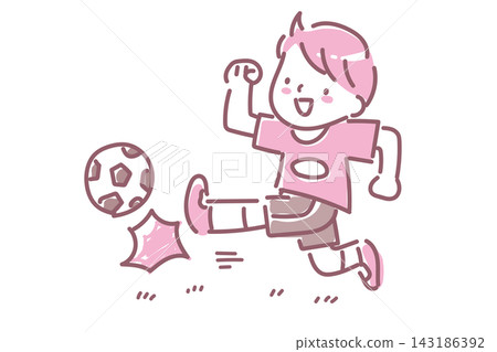 A two-color line drawing illustration of a Japanese boy kicking a soccer ball sideways. A two-color line drawing illustration of a Japanese boy kicking a soccer ball sideways. 143186392