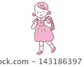 A two-color line drawing illustration of a Japanese girl smiling and carrying a school backpack. A two-color line drawing illustration of a Japanese girl smiling and carrying a school backpack. 143186397
