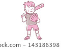 A two-color line drawing illustration of a smiling Japanese baseball boy carrying a bat. A two-color line drawing illustration of a smiling Japanese baseball boy carrying a bat. 143186398