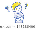 A boy with his arms crossed, deep in thought, and a question mark (line drawing illustration). A boy with his arms crossed, deep in thought, and a question mark (line drawing illustration). 143186400