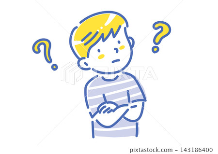 A boy with his arms crossed, deep in thought, and a question mark (line drawing illustration). A boy with his arms crossed, deep in thought, and a question mark (line drawing illustration). 143186400