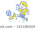 A two-color line drawing illustration of a Japanese boy kicking a soccer ball sideways. A two-color line drawing illustration of a Japanese boy kicking a soccer ball sideways. 143186404