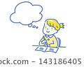 A two-color line drawing illustration of a Japanese girl thinking while studying. A two-color line drawing illustration of a Japanese girl thinking while studying. 143186405