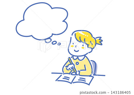 A two-color line drawing illustration of a Japanese girl thinking while studying. A two-color line drawing illustration of a Japanese girl thinking while studying. 143186405