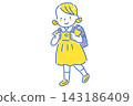 A two-color line drawing illustration of a Japanese girl smiling and carrying a school backpack. A two-color line drawing illustration of a Japanese girl smiling and carrying a school backpack. 143186409