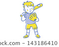 A two-color line drawing illustration of a smiling Japanese baseball boy carrying a bat. A two-color line drawing illustration of a smiling Japanese baseball boy carrying a bat. 143186410